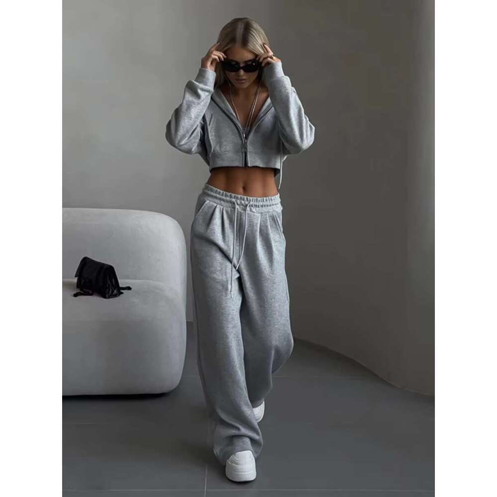 Solid Casual 2 Piece Set Women Long Sleeve Zipper Cropped Hooded Jacket+Drawstring Sweatpant Streetwear Fashion Sport Pants Sets