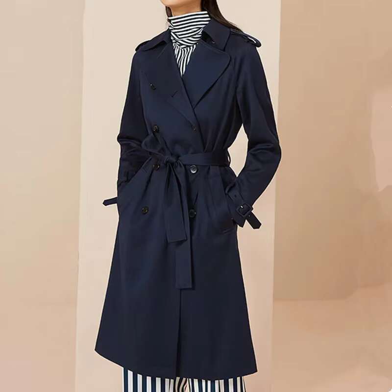 Navy Blue Women Trench 2023 Office Lady Double Breasted Extra Long Coat Elegant High Quality Windbreaker Outwear