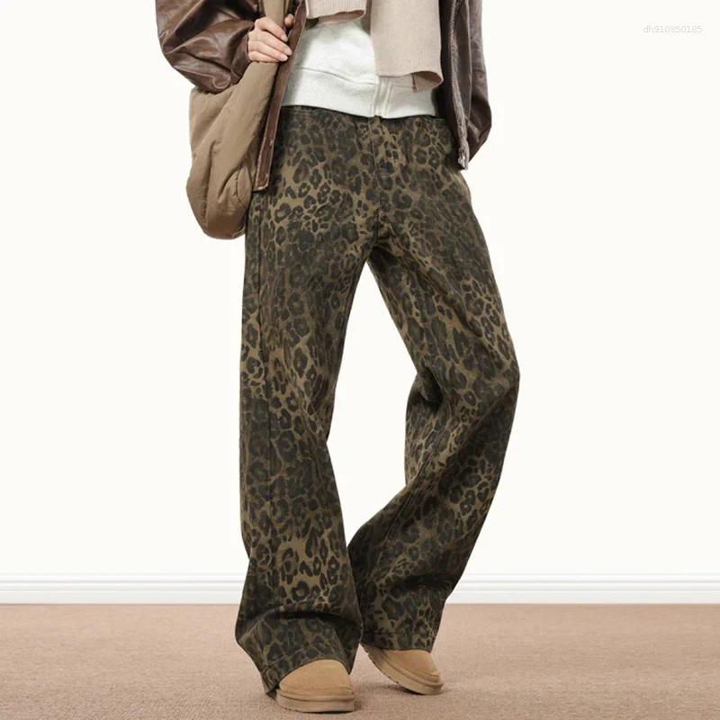 Men's Jeans Men Streetwear Vintage Wide Leg Flared Denim Pants Hip Hop Techwear Straight Long Trousers Y2k Animal Leopard Print Baggy