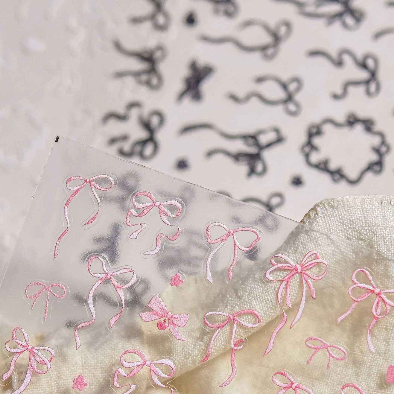 Shiny White Black Pink Bowknot Silk Ribbon Love Heart Charming Star Refined Lace Self Adhesive Nail Art Stickers Manicure DecalsXJ250120