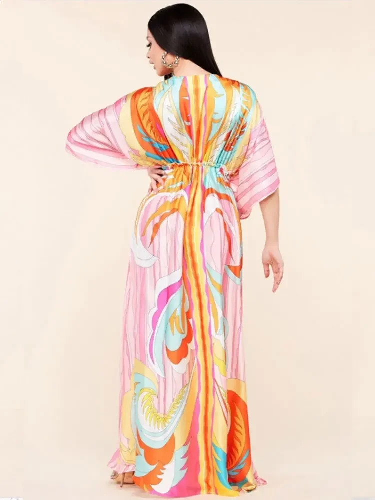 Bikini Cover-ups Boho Print Long Dress Self Belted Sexy Beach Tunic Summer Women Beach Wear Swim Suit Cover Up A932 250118