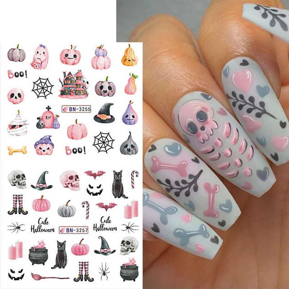 Halloween Pumpkin Ghost Nail Art Stickers Skull Evil Ghost Cat Water Decal Slider Bat Cute Eyes Manicure Tattoo DecorationXJ250120
