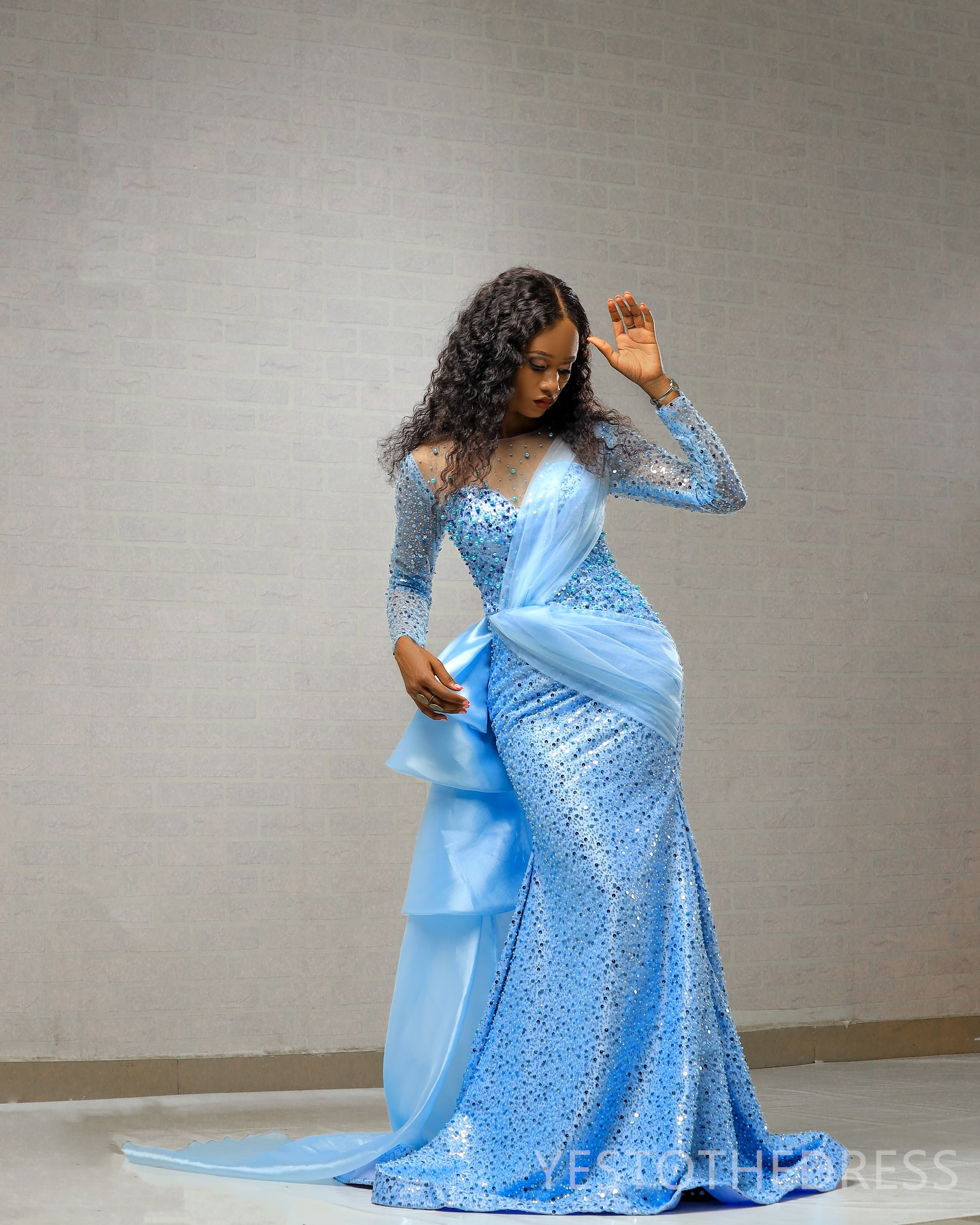 2025 Elegant Sky Blue Aso Ebi Prom Dress Mermaid Evening Gowns For Black Women Sheer Neck Long Sleeves Beaded Sequin Lace Birthday Dress Second Recept