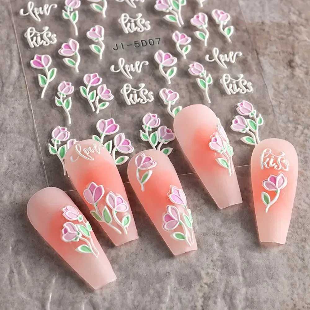 5D Nail Stickers Flowers Geometric Lines Decor Acrylic Embossed Sliders Gold Frame Nail Decals Cherry Blossom Manicure Nail ArtXJ250120