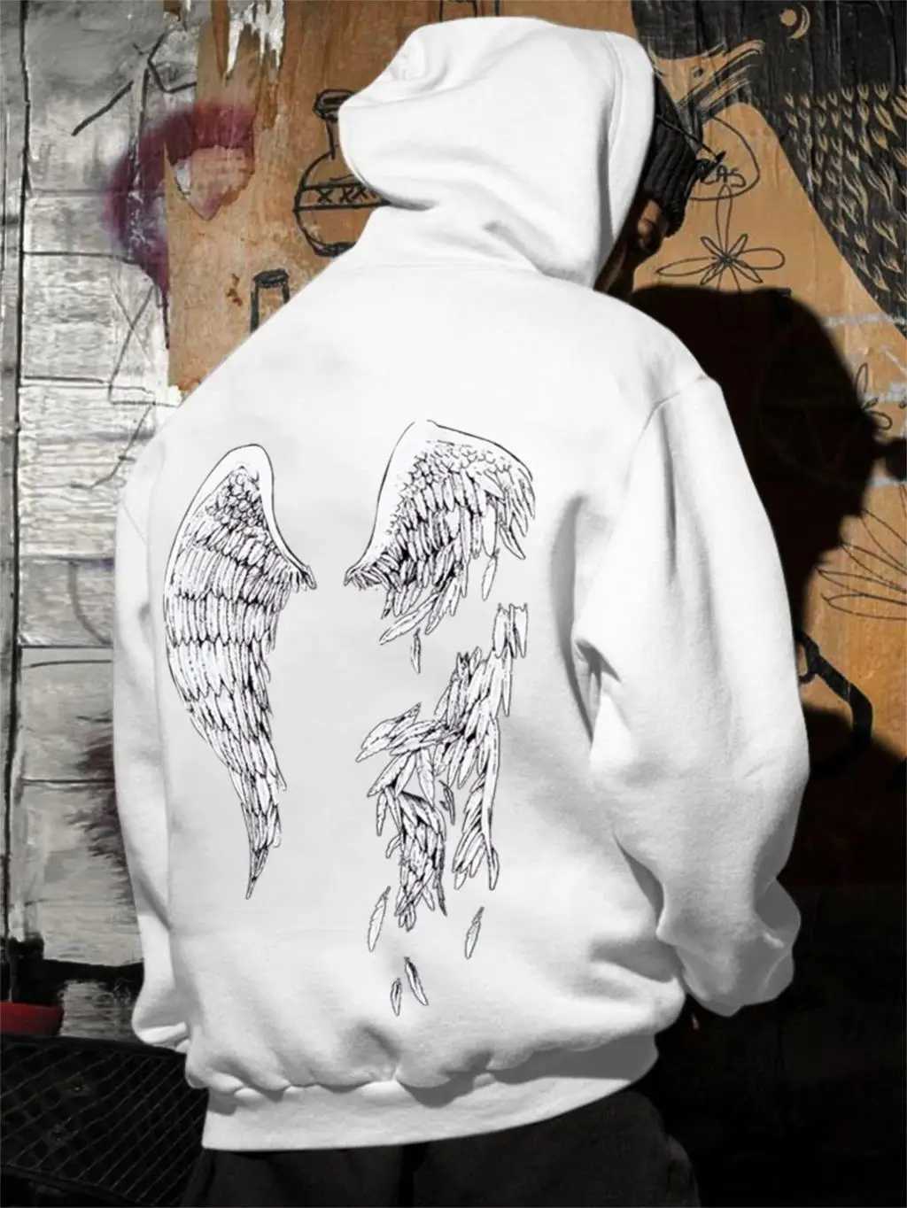 Street Trend Wings Printing Hoodie For Men Pocket Drawstring Pullovers Loose Fleece Warm Sweatshirts Autumn Comfortable ClothesXJ2500118