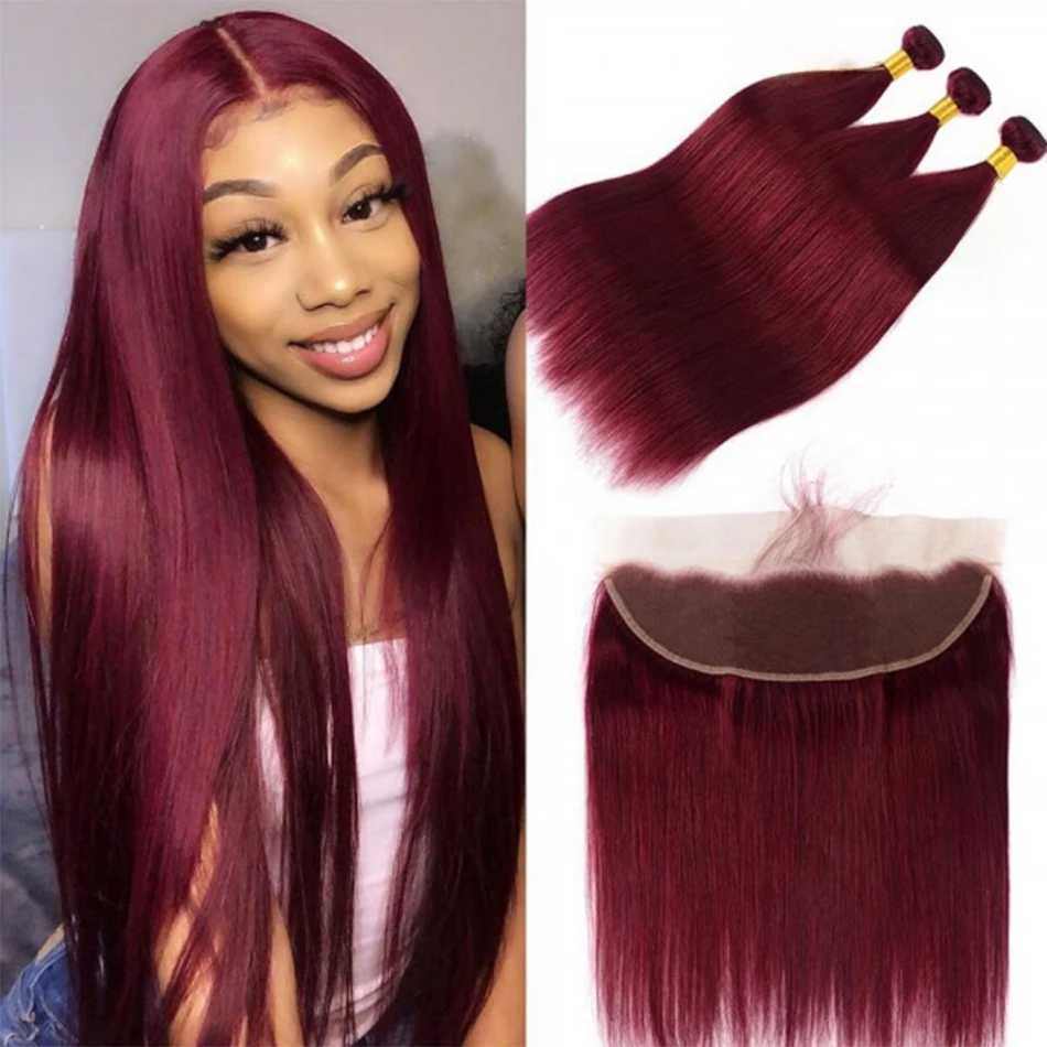 Straight Hair Bundles with HD Lace Frontal 99j Burgundy 3 Bundles with 13x4 HD Lace Frontal Red Wine Color Remy Human Hair WeaveXJ250120