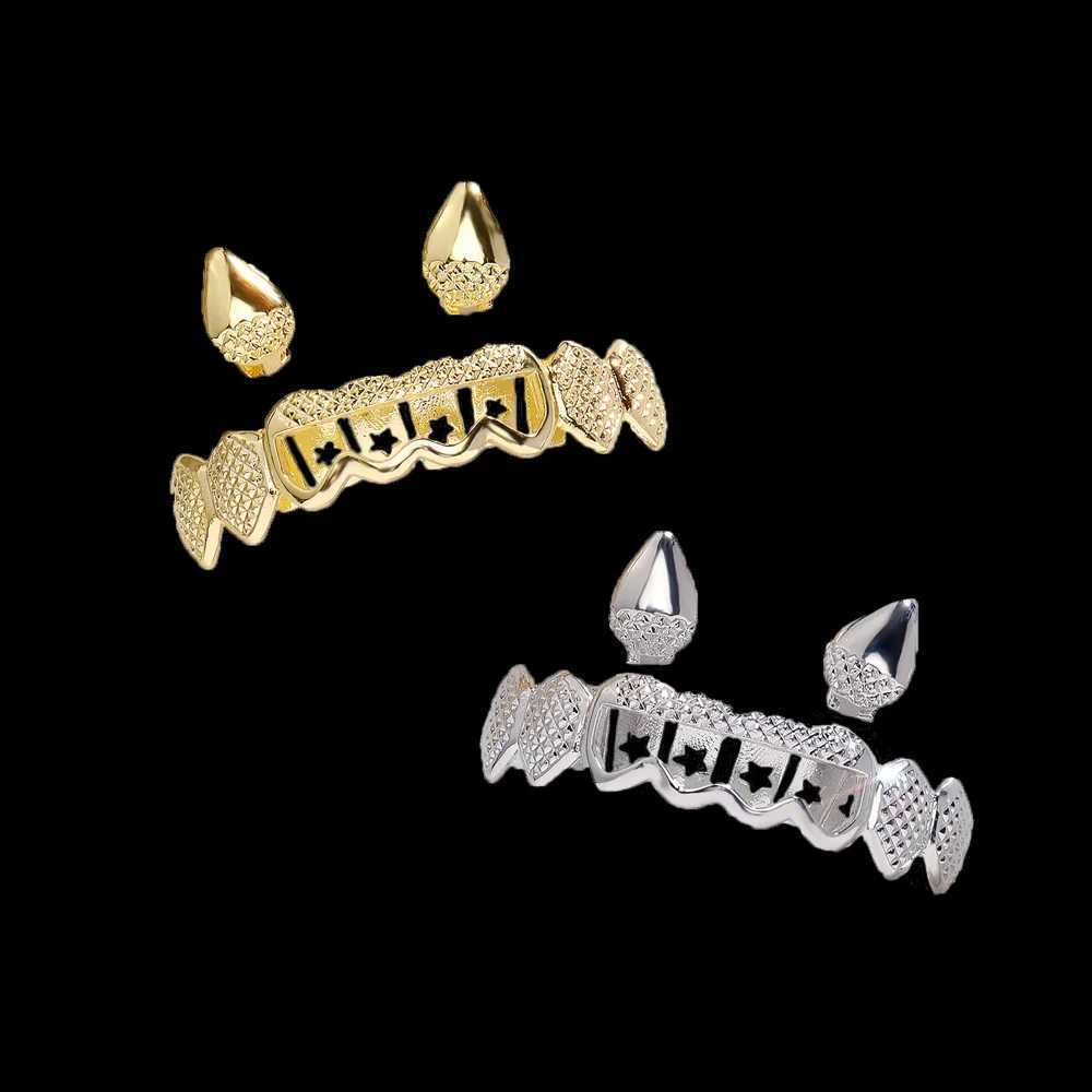 RACHELZ Gold Silver Color 2/8 Check Pattern Hollow Teeth Grillz Fangs Hip Hop DIY Tooth Caps For Women Men Body JewelryXJ250114