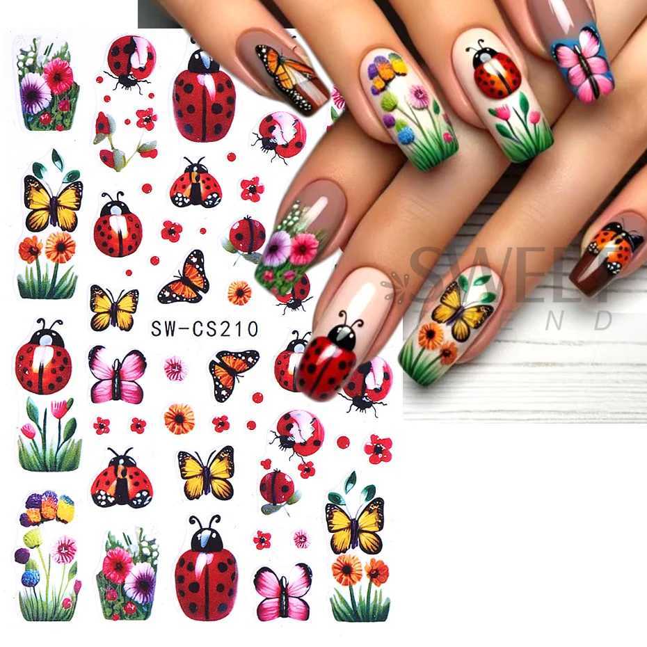 3D Flower Nail Art Stickers Insect Ladybug Bee Butterfly Rose Lavender Tulip Petals Leaves DIY Spring Summer Manicure DecorationXJ250120
