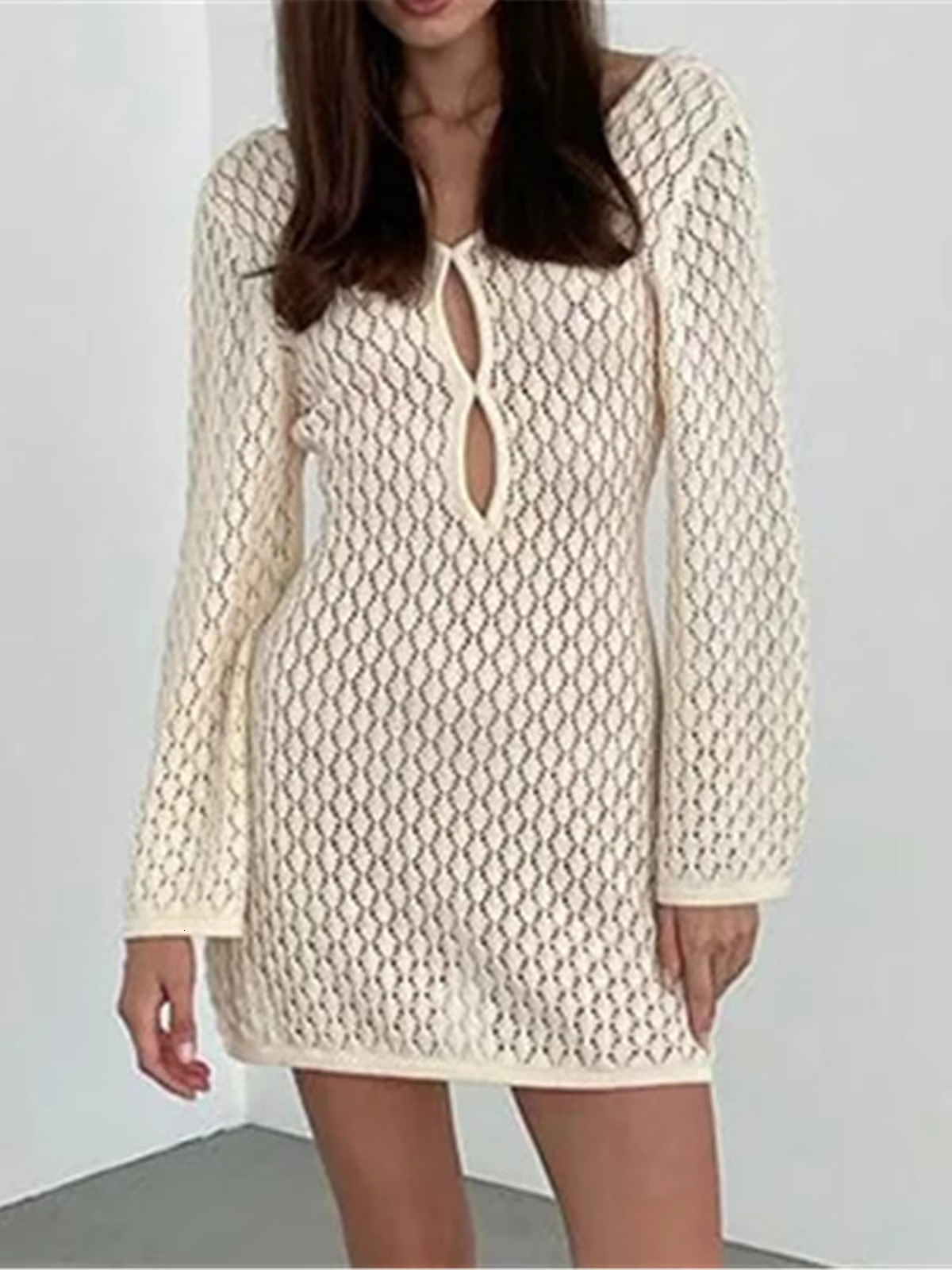 Long Sleeve Cut Out Backless Crochet Knitted Tunic Cover Up Cover-Ups Dress Beach Wear Beachwear Female Women K5436