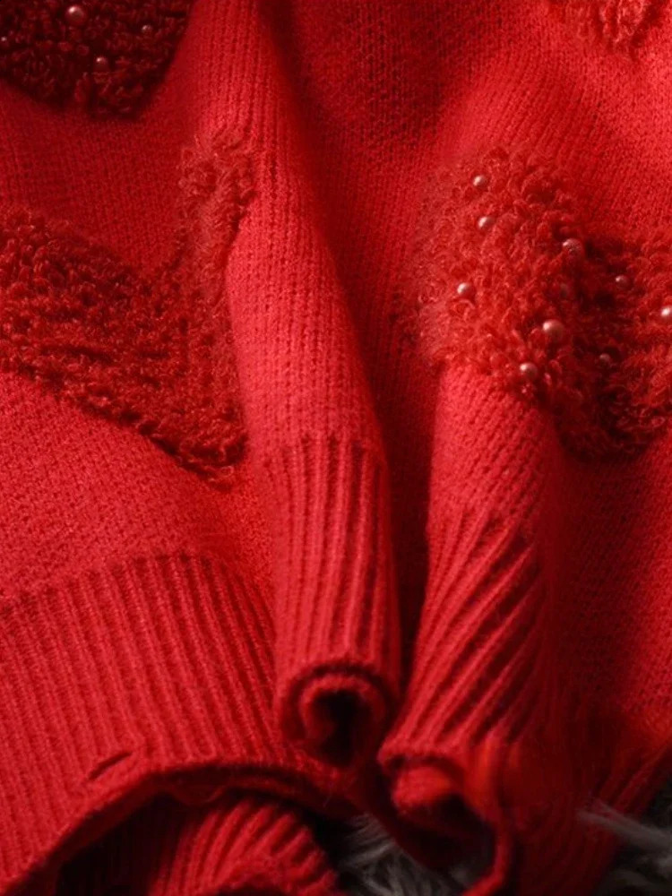 Lazy Style Pullovers Long Sleeve Solid Color Heart Flocking Autumn Winter Sweaters Loose All Match Women Clothing 250117
