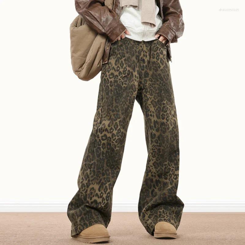 Men's Jeans Men Streetwear Vintage Wide Leg Flared Denim Pants Hip Hop Techwear Straight Long Trousers Y2k Animal Leopard Print Baggy