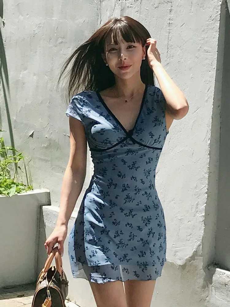 Sexy Mesh Womens Dresses Summer New Fashion V-Neck Bow Short Sve Blue Print Mini Dress Lady Ele Streetwear Knitted DressXJ250115