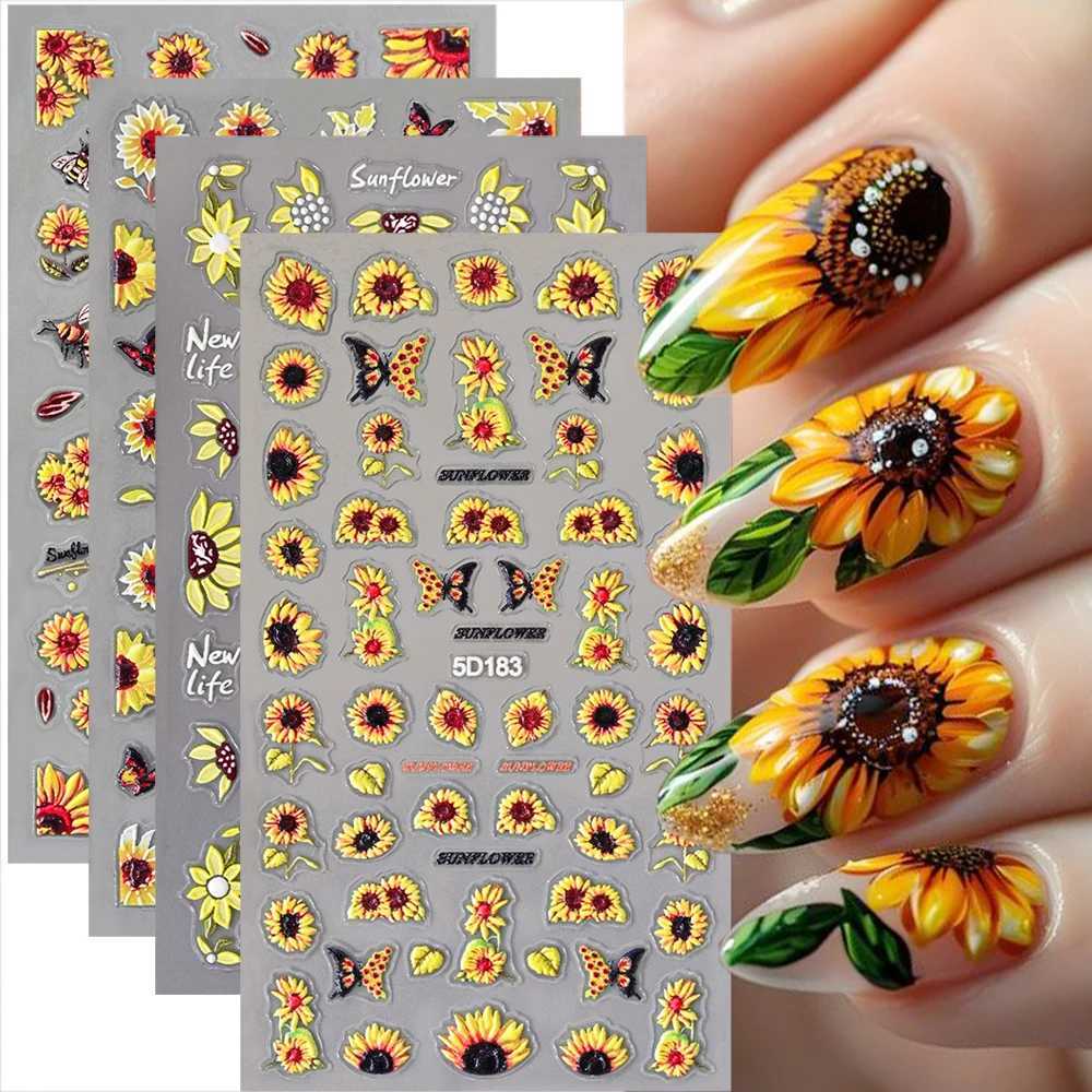 5D Sunflowers Nail Stickers Fall Design Floral Butterfly Bee Nail Decal Self-adhesive Embossed Sliders Manicure Decor NK5D-181G%XJ250120