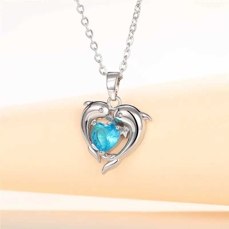 925 Sterling Silver Dolphin Blue Heart CZ Necklace Women Bride Wedding Clavicle Chain Necklaces Fancy Gift Statement JewelryXJ250114