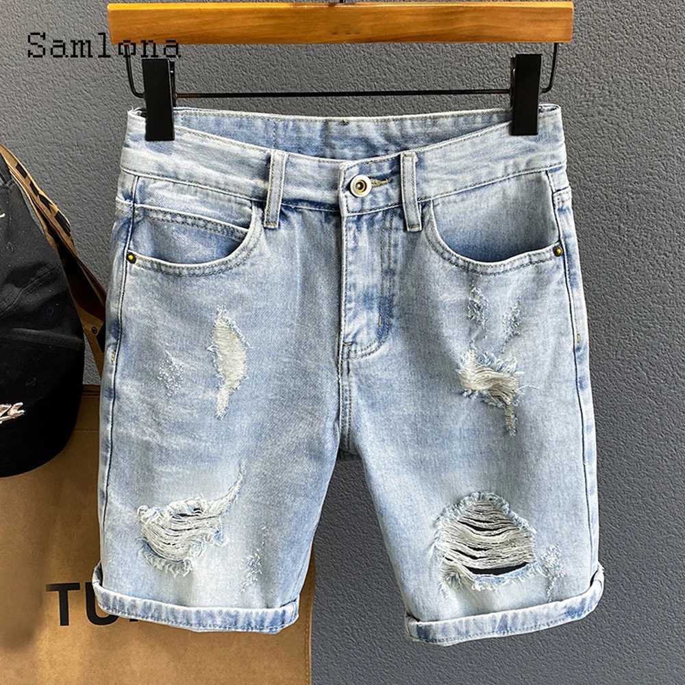 Samlona Plus Size Men Fashion Bottom Mid Waist Crimping Denim Shorts Loose Vintage Hole Ripped Short Jeans Male Summer Hotpants X250203