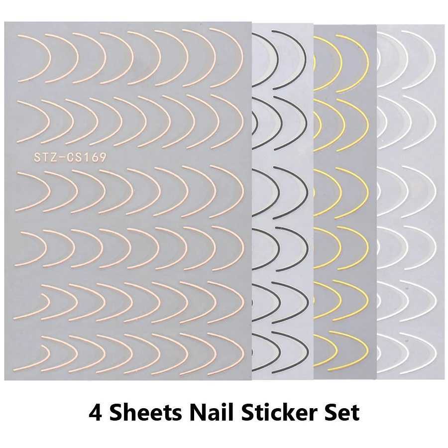 4 Sheets Nail Stickers French Style Metallic Lines Easy to Apply Adhesive Nail Art DecalsXJ250120