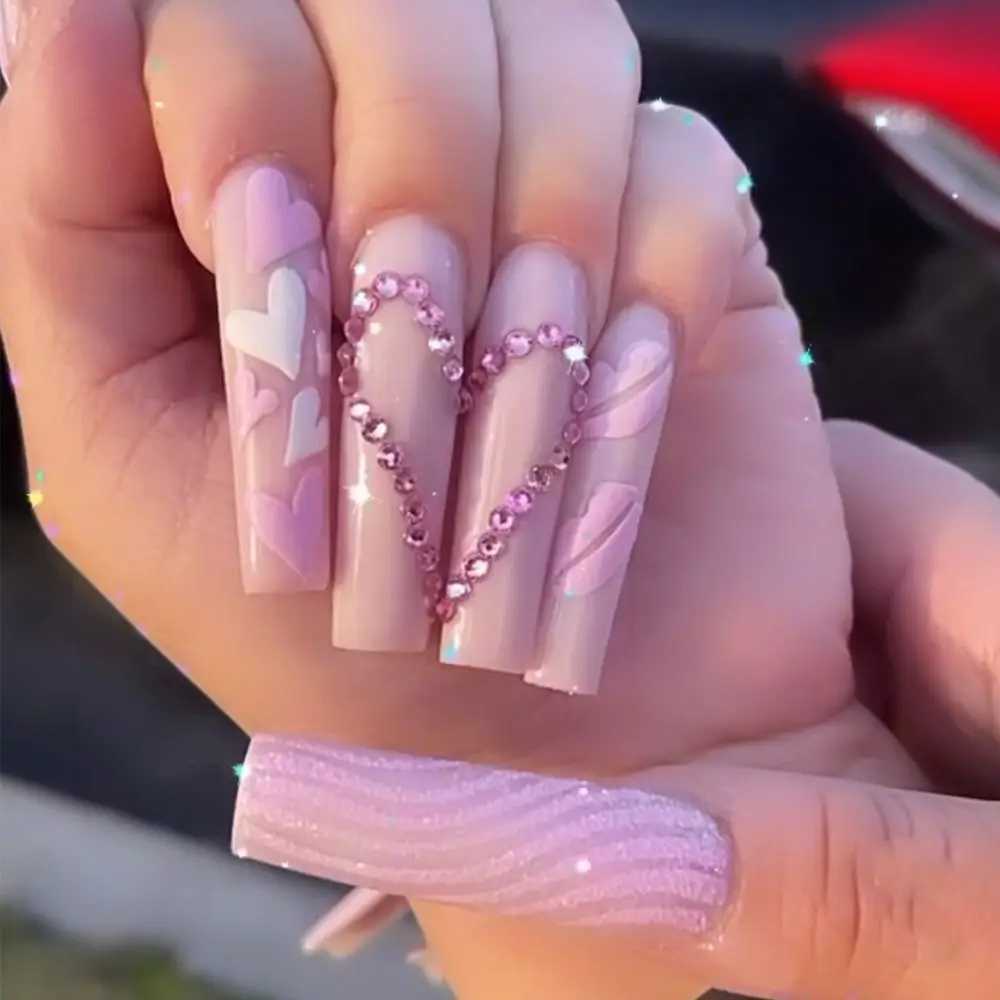 Pink Cow Design False Nail French Full Cover Long Coffin Fake Nails Glue DIY Manicure Nail Art Tools press on nails nail tipsW250120