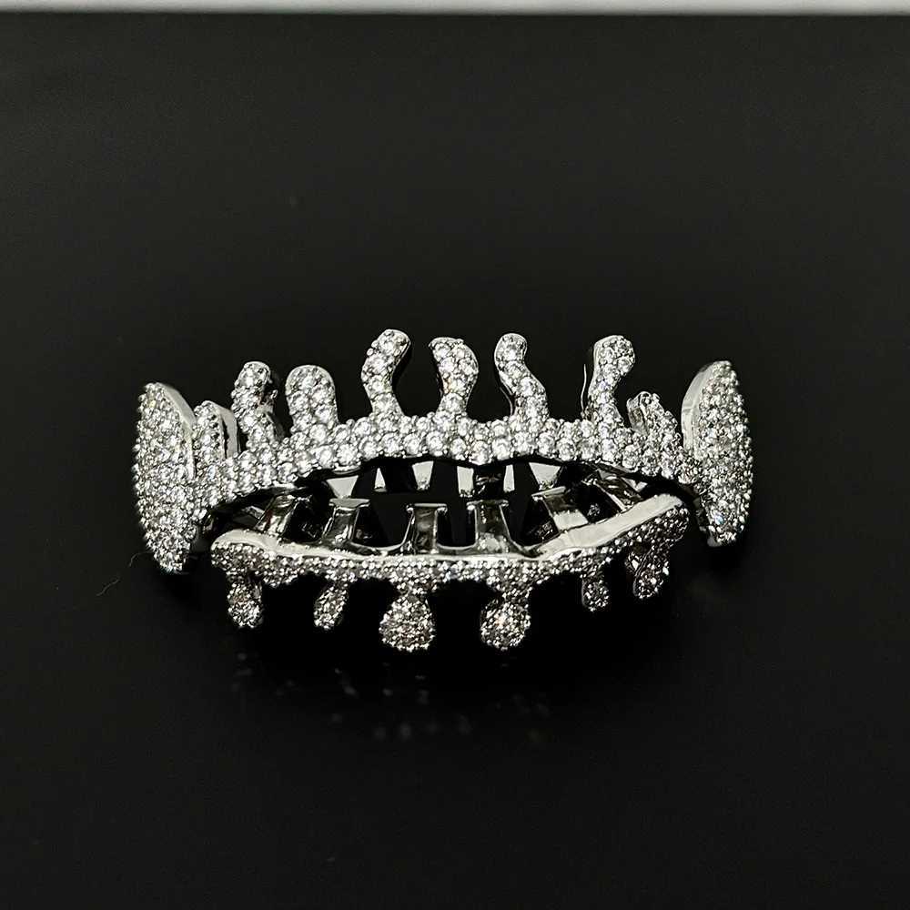 RACHELZ Silver Color Flame Full CZ Stone Tooth Caps For Women Men Hip Hop Water Droplet Zircon Teeth Grillz Braces JewelryXJ250114