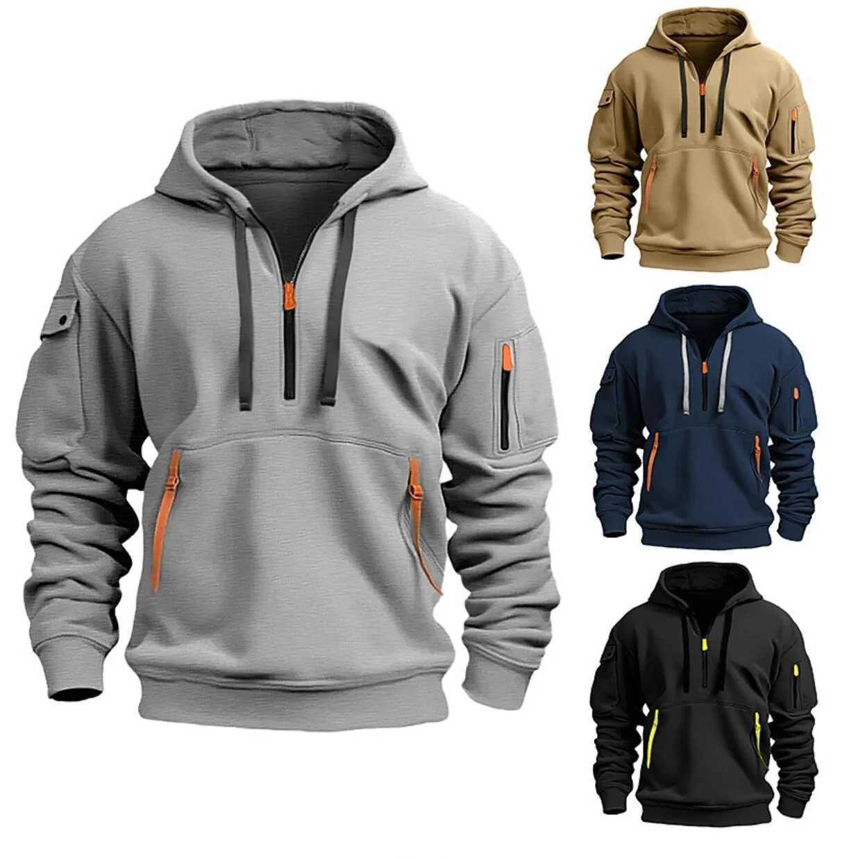 Stylish Mens Hooded Sweatshirt Resistant Multiple Zipper Pockets 100% Polyester Knitted Fabric Solid Color Long Sleeve RegularXJ2500118