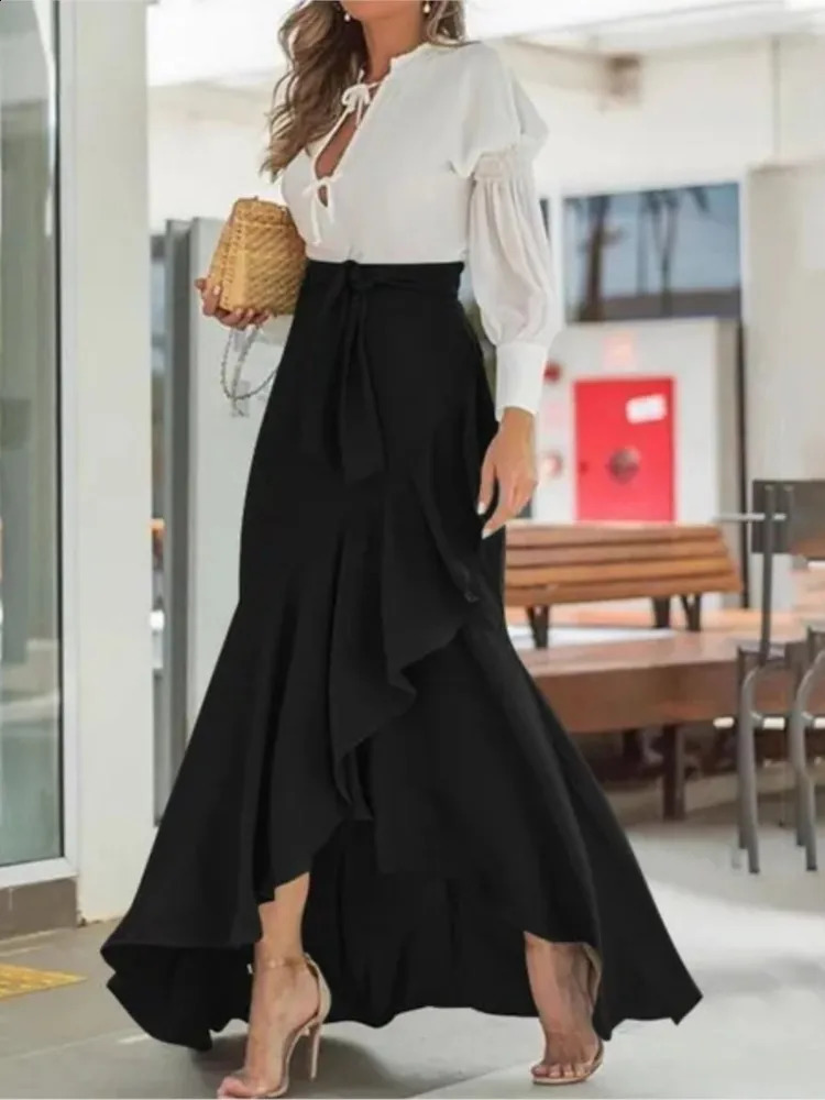Spring Autumn Women Long Skirt High Waist Laceup Ruffle Trim Plaid Print Bow Tie Irregular Hem Maxi Female 2024 250110