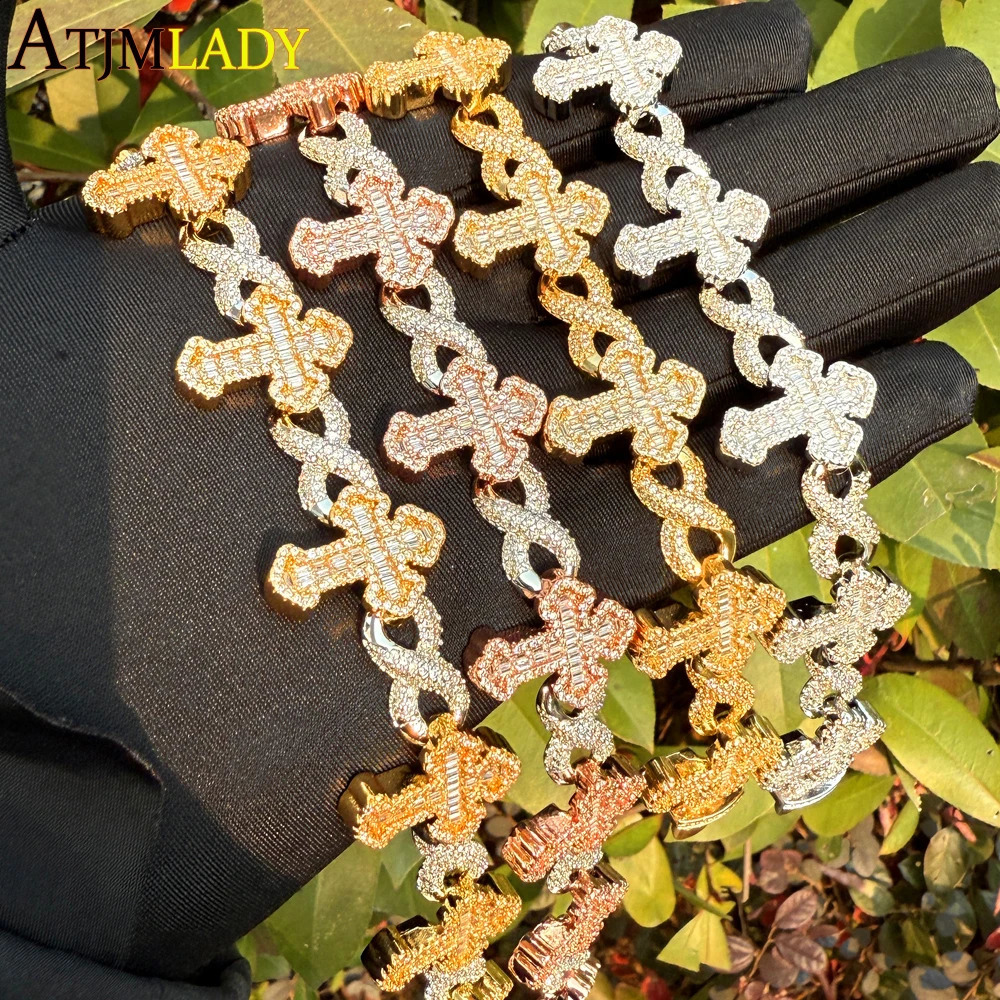 Inifinity Link Chain Bracelet Micro Pave Bling CZ Cross Prong Setting 5A Cubic Zirconia Hip Hop Fashion Jewelry Women Men 250121