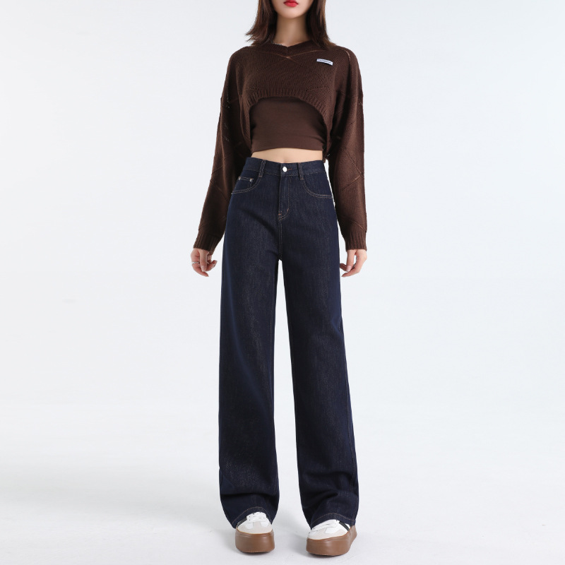 Retro blue narrow version wide-leg jeans women's autumn and winter new high-waisted small man velvet straight mopping pants
