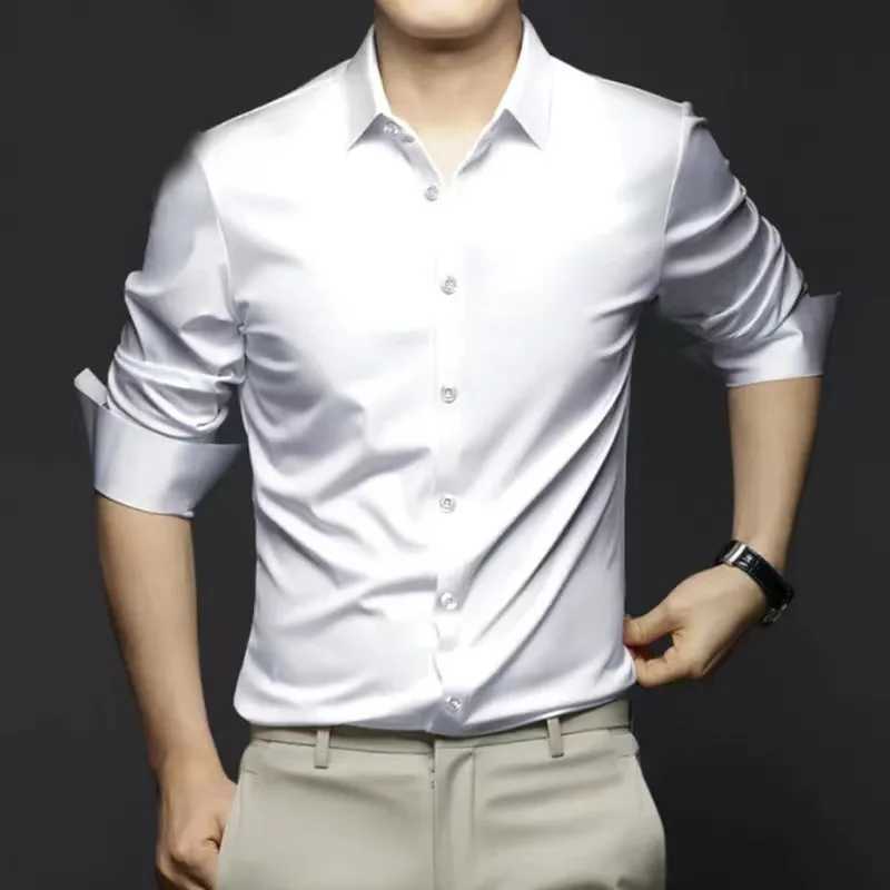 Large 5XL Mens Dress Shirts Long Sleeve Spring Autumn Solid Ice Silk Non Iron Business Blue White Blue Formal Male ClothingXJ250121