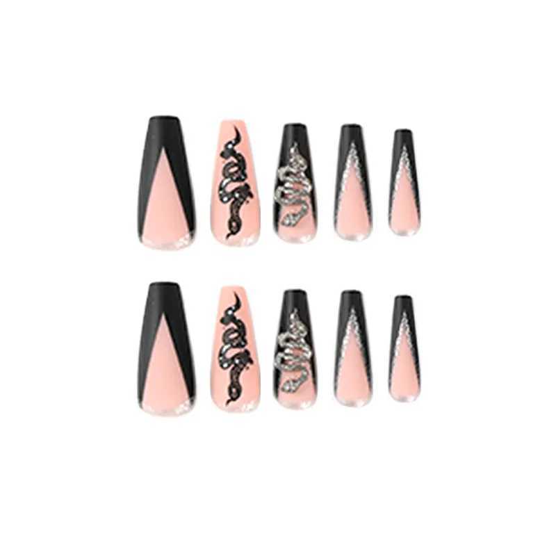 Black Silver Snake Jewelry Shiny Rhinestone Frosted Wearable Sexy Woman Party In Ballet Fake Art Nail Finished False Nail GlueW250120