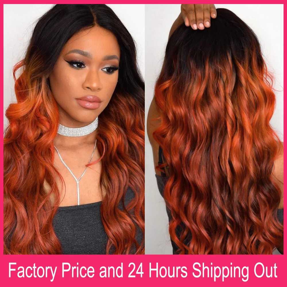 Ombre Orange Human Hair Bundles With Clo Brazilian Body Wave 1B/350 Human Hair Weaving And 4x4 Swiss Lace Clo Free PartXJ250120