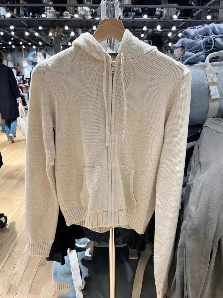 Sweet Cute Solid Knitted Cardigan Sweater Spring Drawstring Hooded Zipper Cotton Crop Top Vintage Streetwear Y2k Sweaters Tops 250122