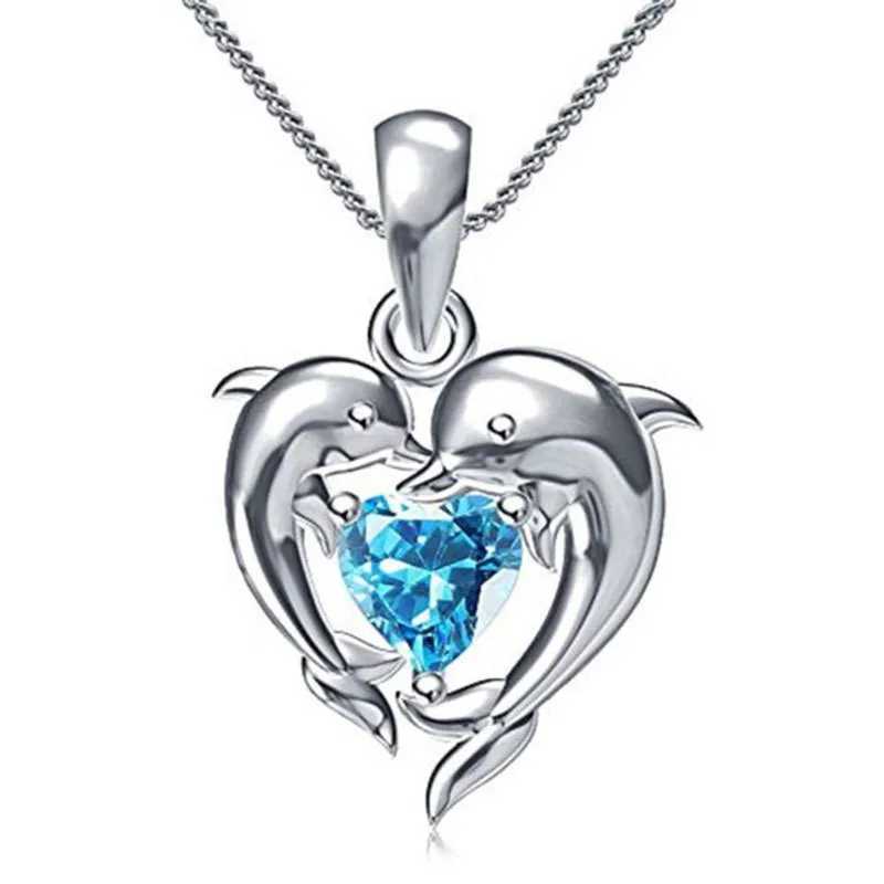 925 Sterling Silver Dolphin Blue Heart CZ Necklace Women Bride Wedding Clavicle Chain Necklaces Fancy Gift Statement JewelryXJ250114