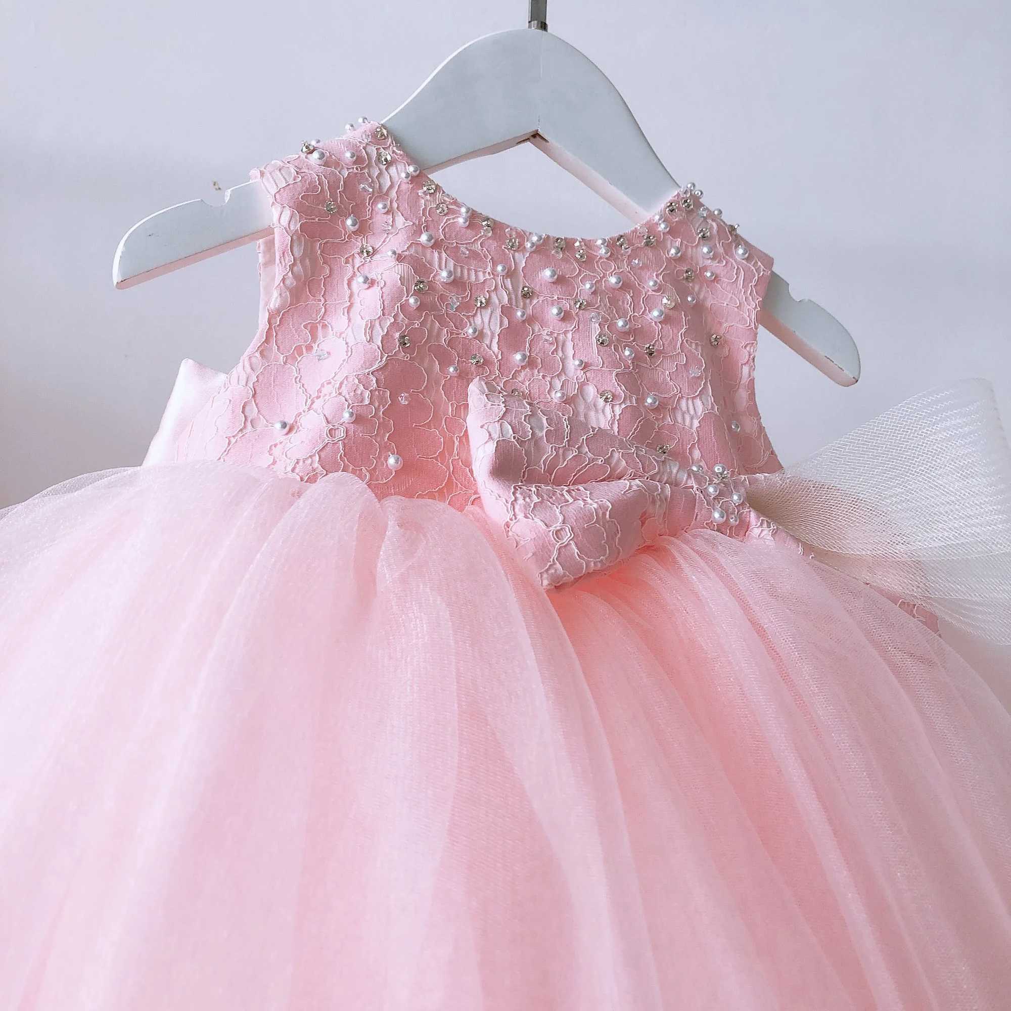 1-Year Baby Girl Birthday Dress Baby Pink Lace Beads Baptist Princess Dress Preschool Girl Wedding Newborn Christmas Dress X250203