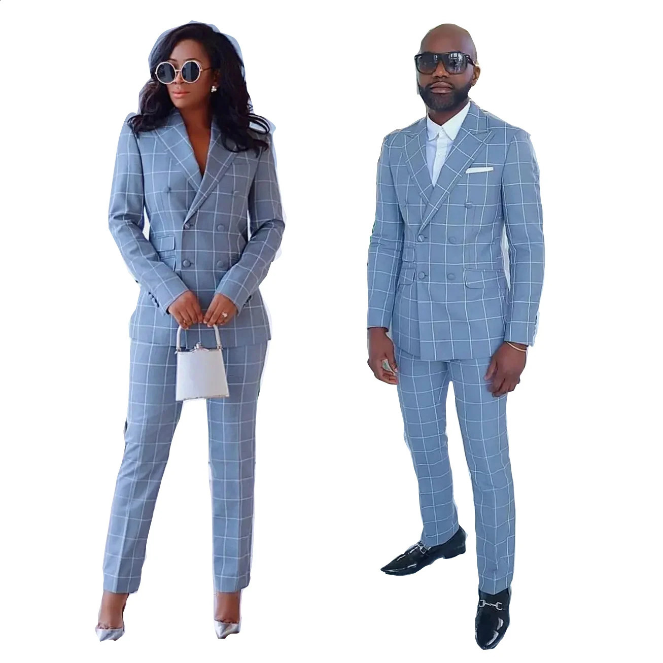 Blue Suits for Couple Plaid Pattern Double Breasted Peaked Lapel Costume Tailor Elegant Clothing Hombres 2 Piece JacketPants 250121