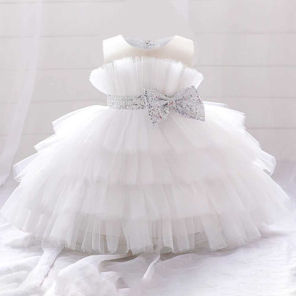 Toddler Fluffy Pink Wedding Party Dresses for Baby 2-8 Years Sequin Bow Tulle Baptism Birthday Princess Clothe Lace Summer Dresses X250203