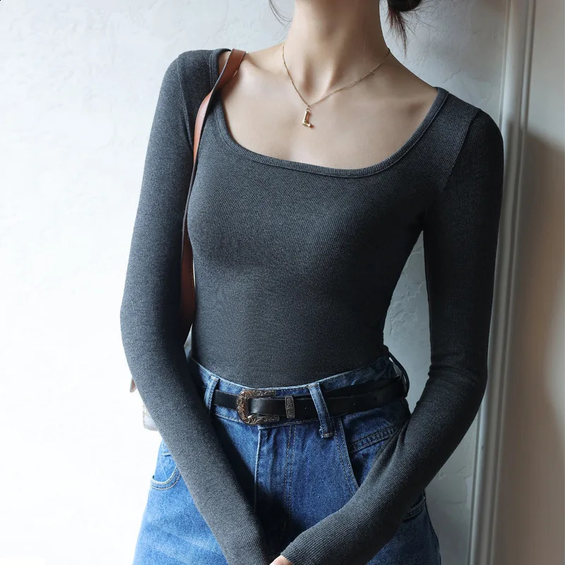 Slim Modal Cropped Square Neck Top Women Long Sleeve T Shirts Essentials MXL 250122