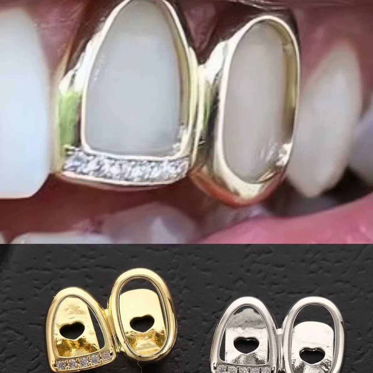 Hip Hop Teeth Grillz Men Women Iced Out Hollow Double Tooth Cap Dental Grill Punk Rapper Cap Halloween CosplayXJ250114