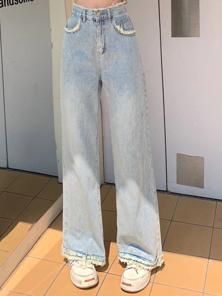 Women High Waist Raw Edge Washed Jeans Girls Light Color Straight Leg Denim Pants Lady Blue Hong Kong Style Retro Loose Trousers 250109Z