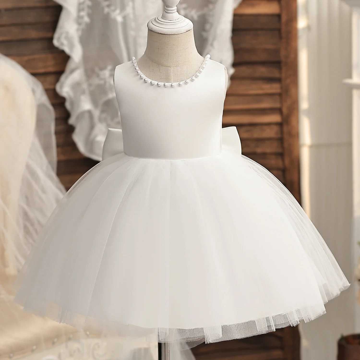 2024 Baby Bath Dress Girls and Childrens Wedding Party Dress Bow Bead Chiffon Christmas Dress X250203