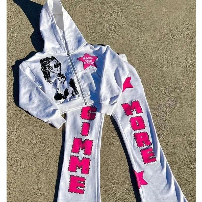 Star Print Oversized Long Sleeved Sports Hoodie Street Hiphop Harajuku Fashion Zippered Top Drawstring Pants Y2k Clothing 250122