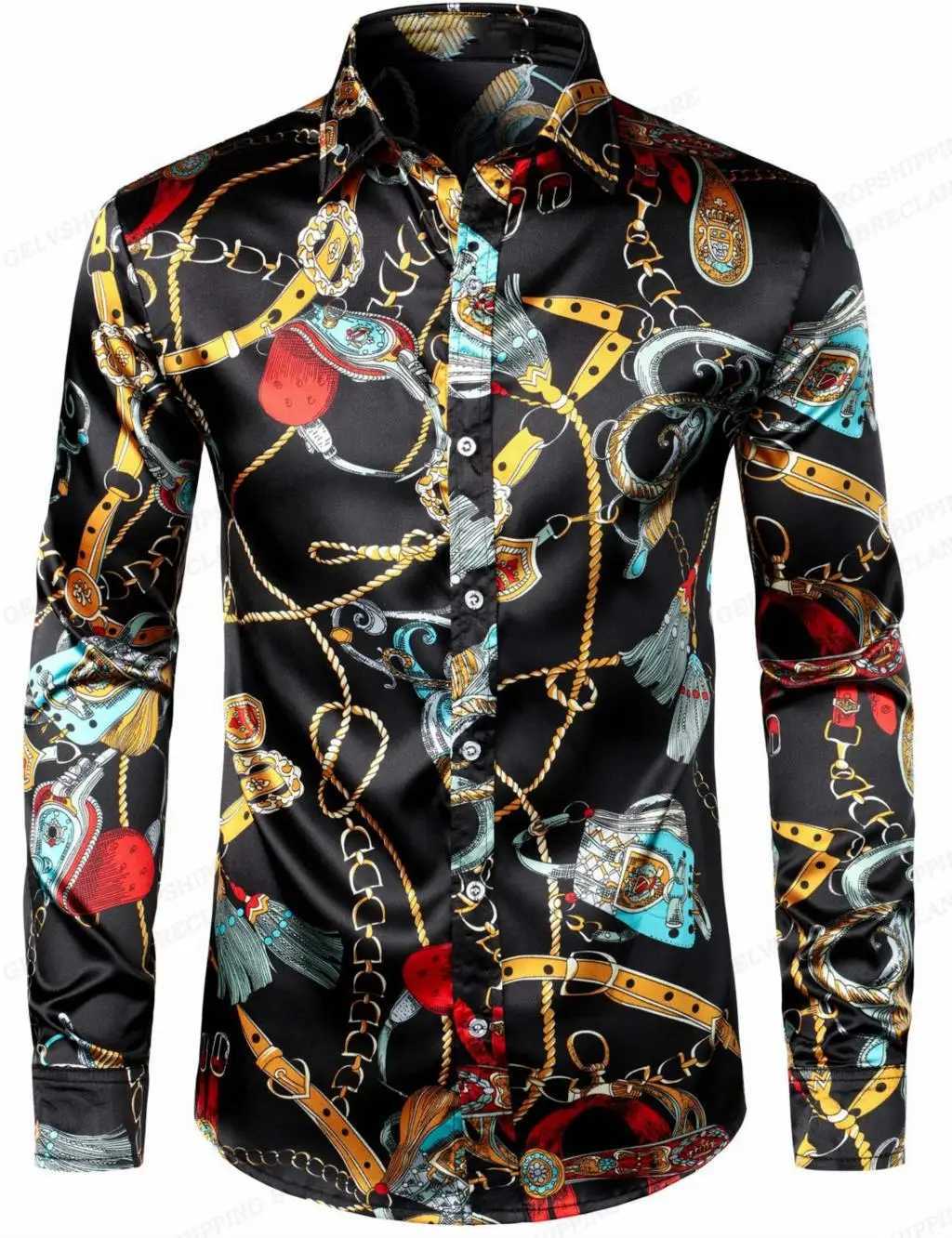 Gold Chain Hawaii Shirts Butterfly 3d Print Shirts Men Fashion Shirts Long Sleeve Beach Blouse Luxury Lapel Shirt Mens ClothingXJ250121