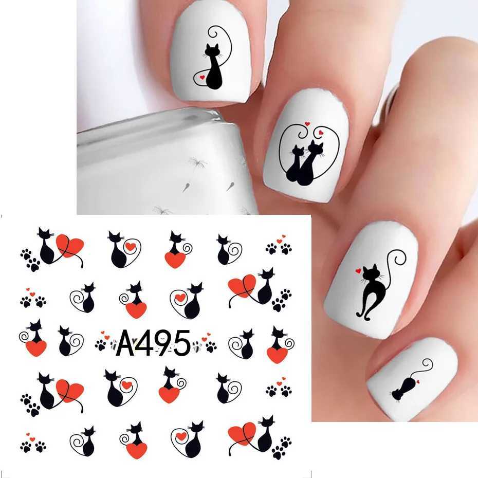 12pcs Black Cat Stickers Nail Decals Love Heart Cartoon Nail Art Water Sliders Tattoo Decorations Valentine Manicure TRA493-504XJ250120