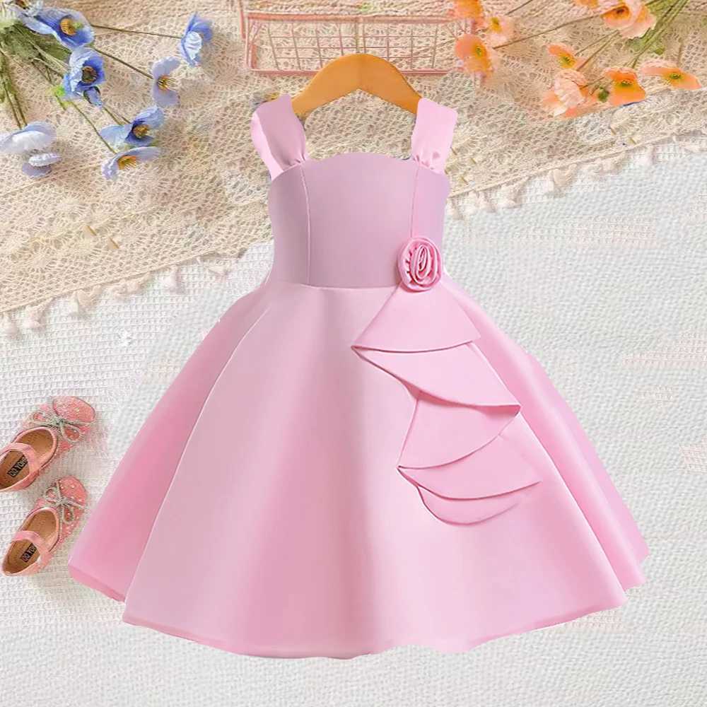 Young Girls Pink Rose Dress Girl Elegant Evening Party Gown Kids Summer Holiday Birthday Clothes Children Pleated Costume X250203