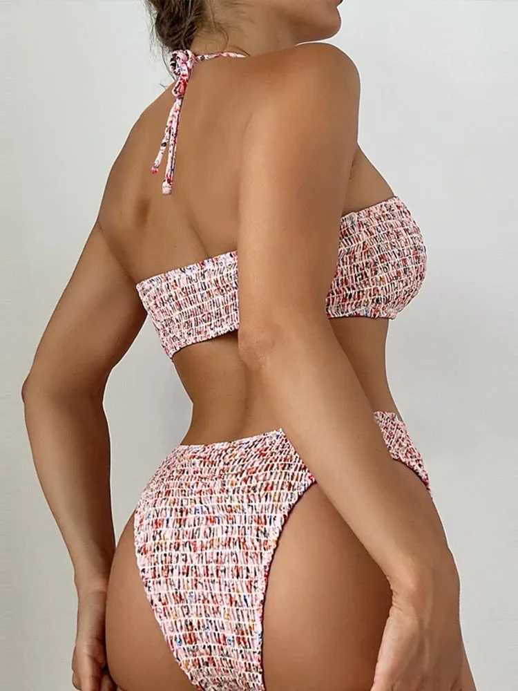 Sexy Bathing Suit Women Printed Swimsuit Pleated Bikini Set Bow Tie Lace Up Two-piece Beachwear Summer Halter BiquinisXJ250120