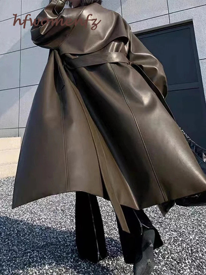 Street Leather Women Trench Coat With Belt Loose Lapel Full Sleeve Lace Up Pockets Long Windbreaker Autumn Winter Outwears 250118