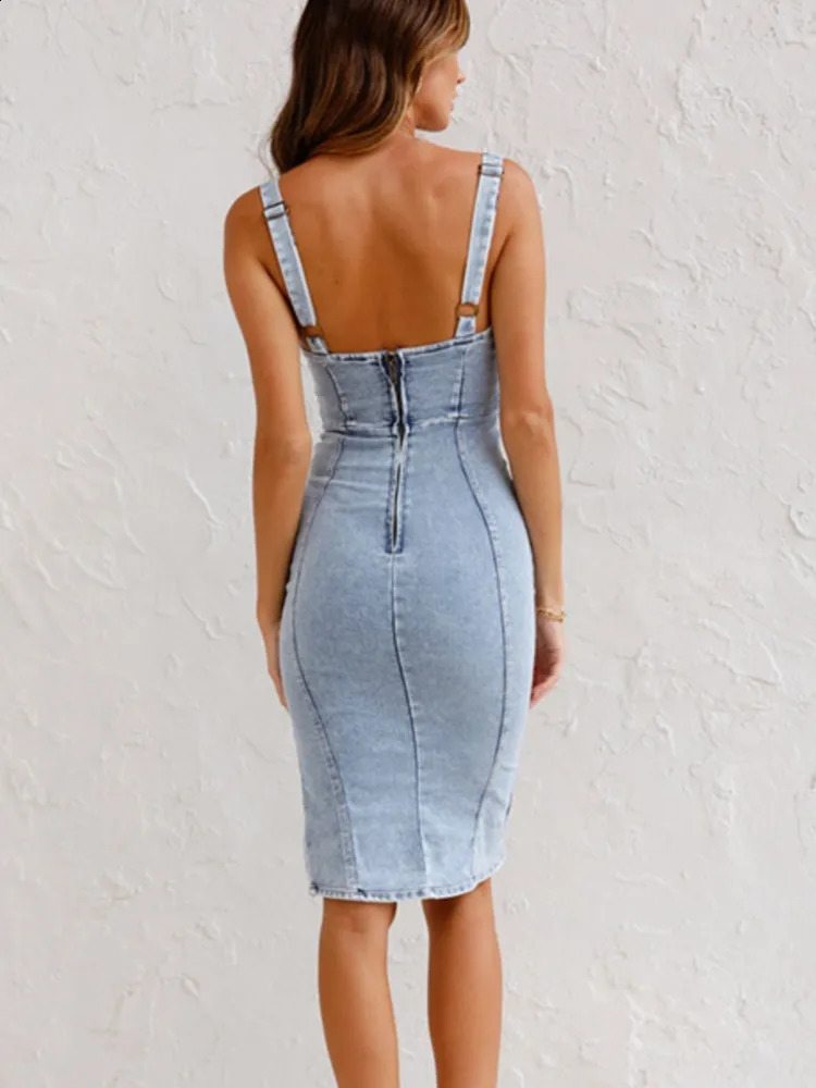 Summer U Neck Halter Denim For Womens Dresses Fashion Slim Fit Wrap Hip Retro Female Party Sexy Split Denim Dresses 250114