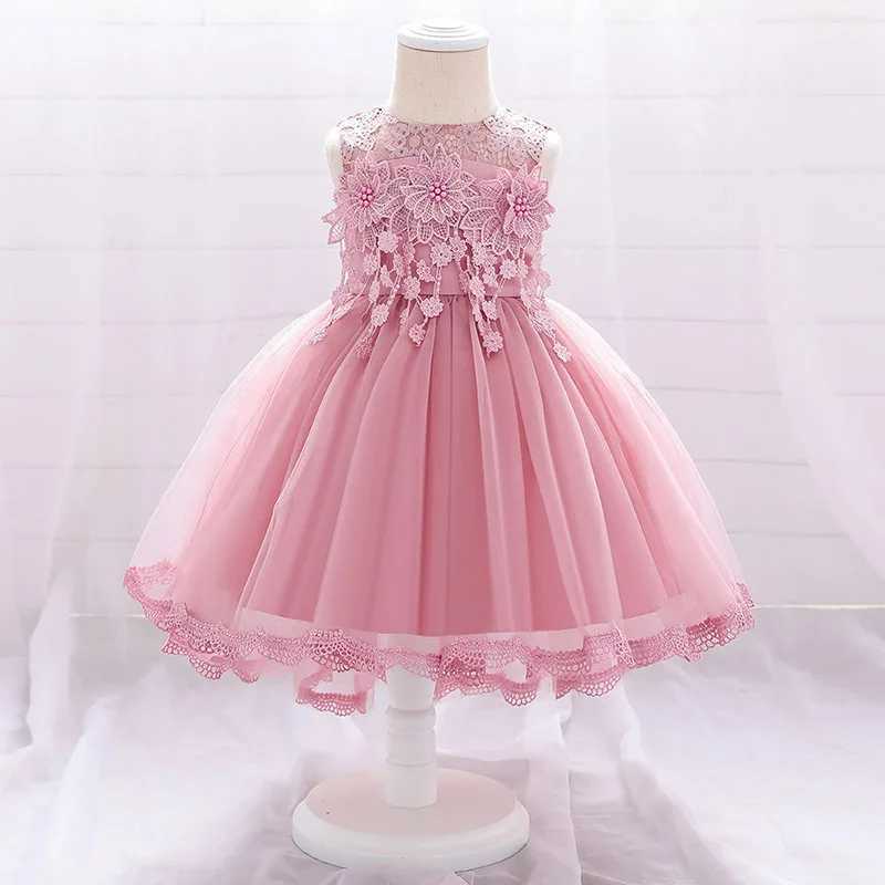 Cute Girl Pink Princess Dress Newborn Childrens 1st Birthday Party Embroidered Flower Costume Baby Bow Baptist Dress X250203