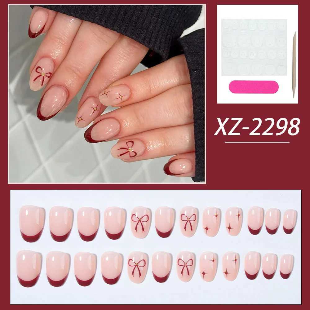 24pcs short oval French fake nails simple ins style bow sweet girl wind Mang star red edge French bright design fake nails whiW250120