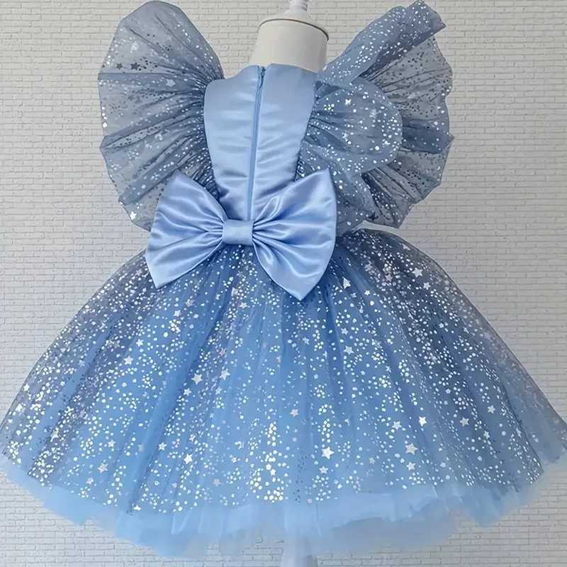 Baby Girls Flying Sleeves Bow Star Sequins Princess Dress For Toddler Formal Banquet Baptism Birthday Party Puffy Ball Gown 0-5Y X250203