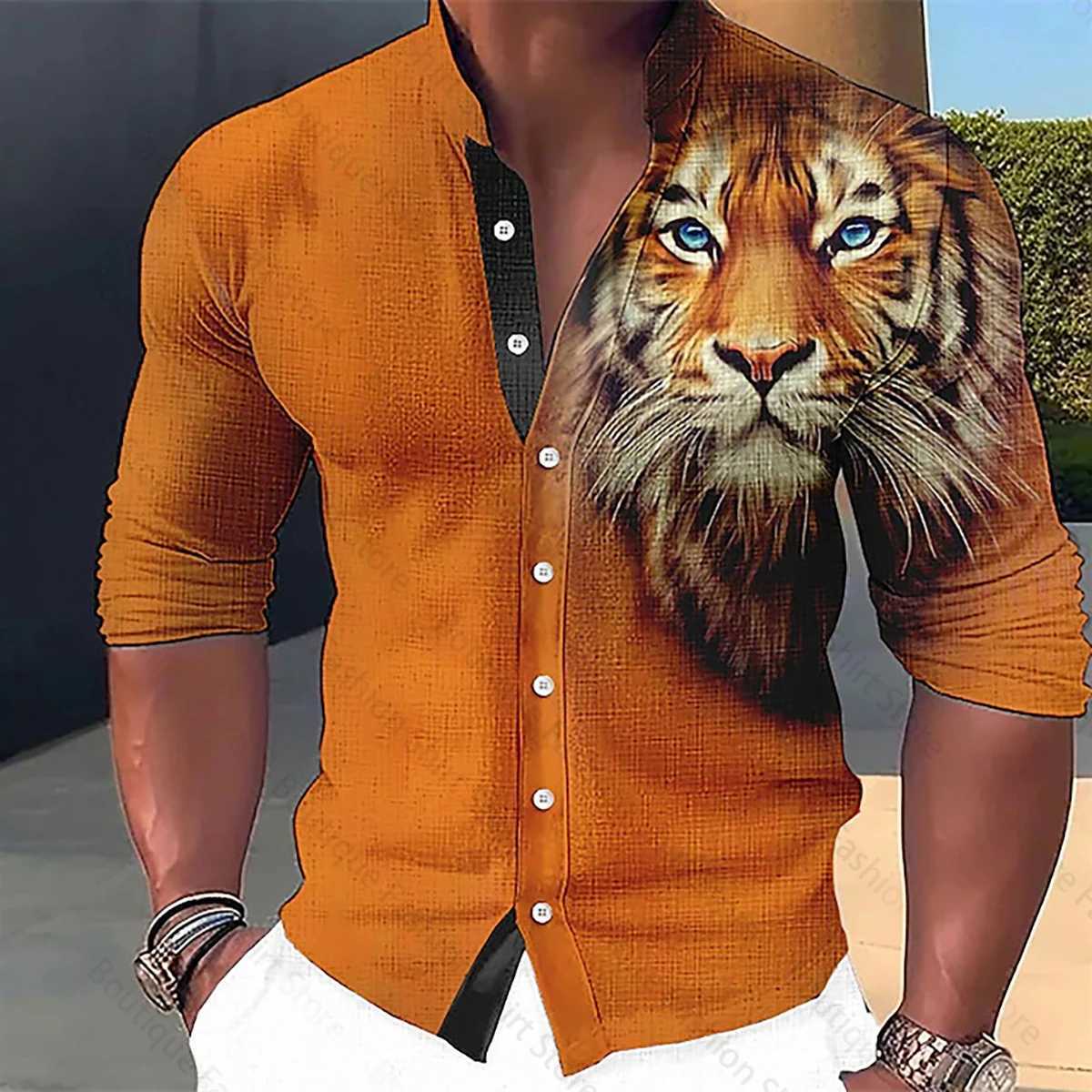 Mens Shirt Animal Tiger Pattern 3D Printing Stand Collar Fashion Street Casual Long Sleeve Shirt XS-6XL Fast ShippingXJ250121