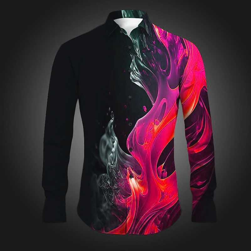 Casual formal wear loose and comfortable longsleeved mens clothing trend high-end mens shirt 3D printed hot flame shirtXJ250121